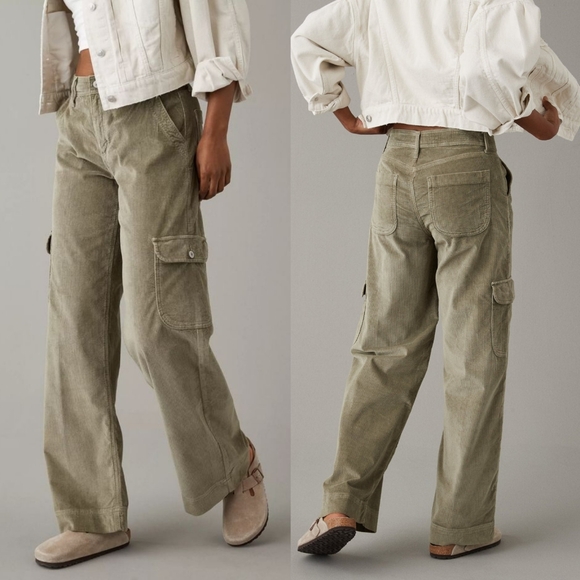 American Eagle Outfitters Pants - AE Corduroy Super High-Waisted Baggy Wide-Leg Pant Sage Womens 8 Stretchy Cargo
